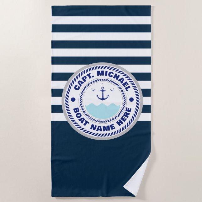 Personalised Captain Nautical Anchor Boat Name Beach Towel (Front)