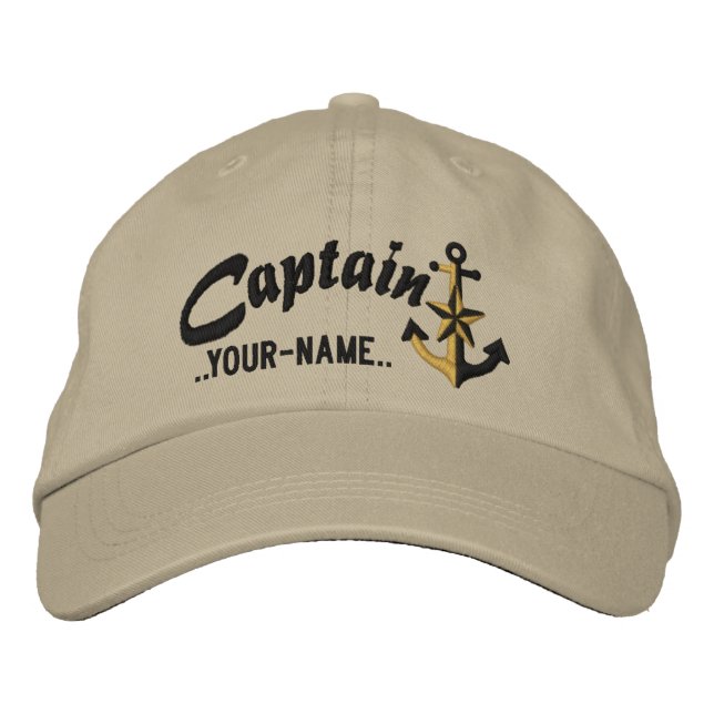 Personalised Captain Nautical Anchor Name Black Embroidered Hat (Front)