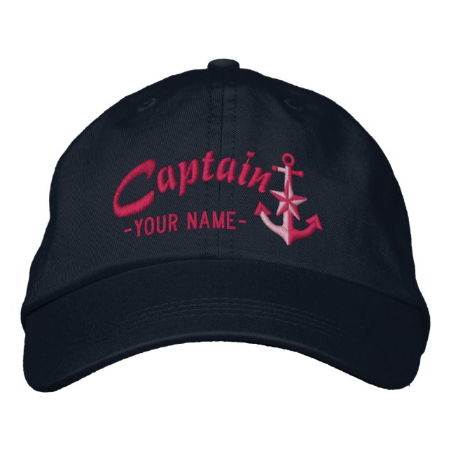 Personalised Captain Nautical Anchor Name Fuchsia Embroidered Hat (Front)