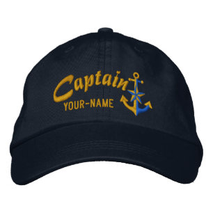 Personalised Captain Nautical Anchor Name Golden Embroidered Hat