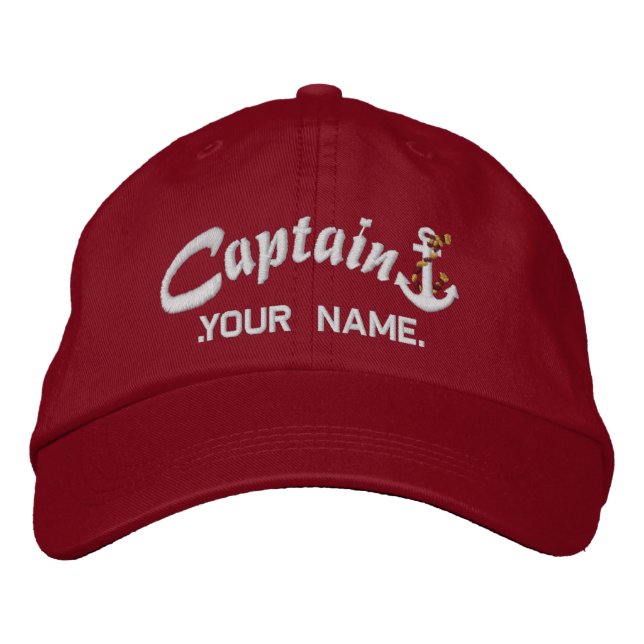 Personalised Captain Rope Anchor Name White Embroidered Hat (Front)