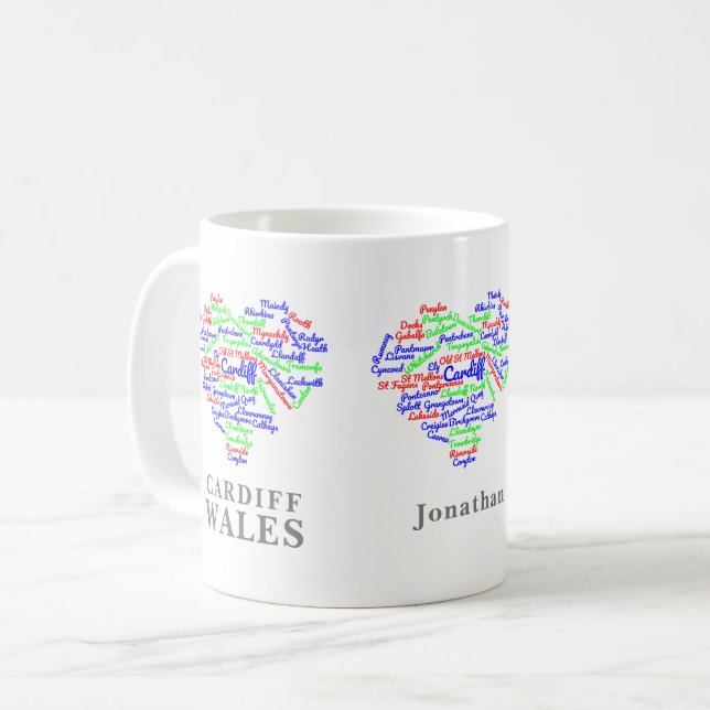 Personalised Cardiff Wales Word Cloud Typography Coffee Mug (Front Left)
