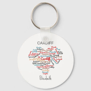 Personalised Cardiff Wales Word Cloud Typography  Key Ring