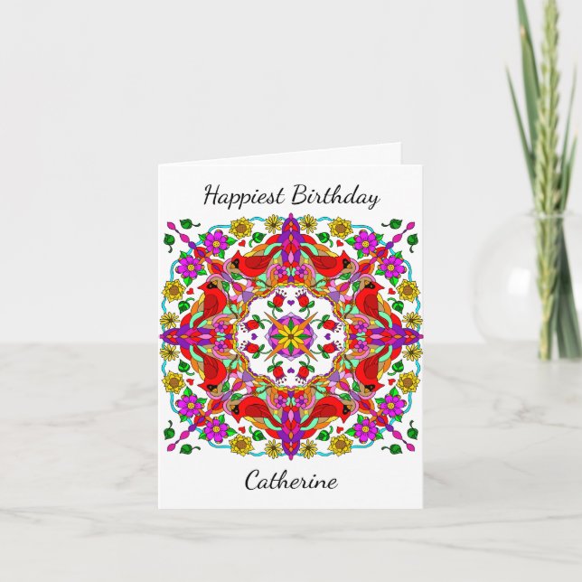 Personalised Cardinal and Flowers Mandala Birthday Card (Front)