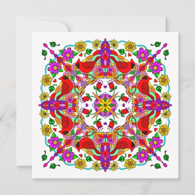 Personalised Cardinal and Flowers Mandala Birthday Card (Front)