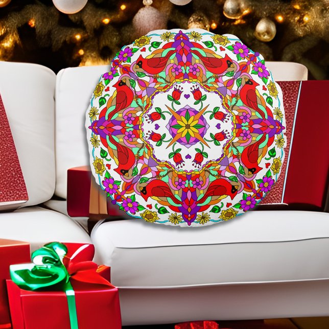 Personalised Cardinal and Flowers Mandala  Round Cushion (Creator Uploaded)