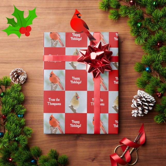 Personalised Cardinal Birds Red Check Christmas Wrapping Paper (Beautiful cardinal birds "happy holidays" wrapping paper for you to personalize!)