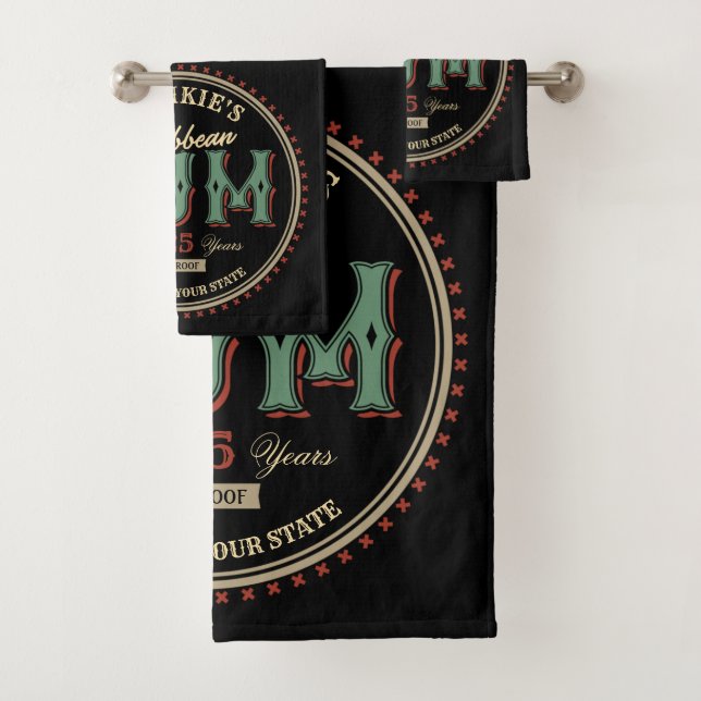 Personalised Caribbean Rum Liquor Bottle Label Bar Bath Towel Set (Insitu)