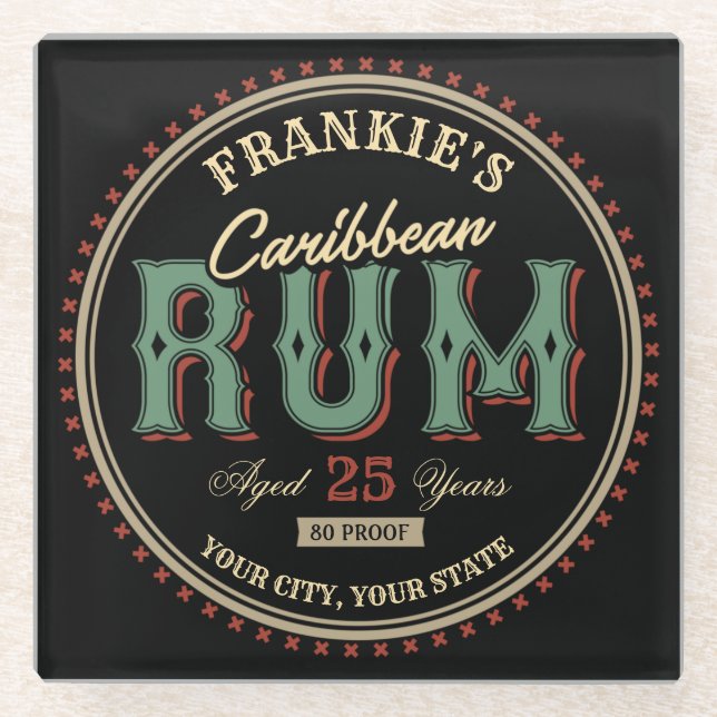 Personalised Caribbean Rum Liquor Bottle Label Bar Glass Coaster (Front)