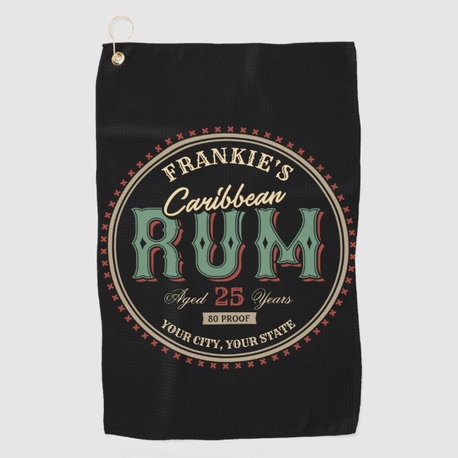 Personalised Caribbean Rum Liquor Bottle Label Bar Golf Towel (Front)