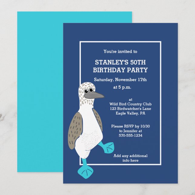 Personalised Cartoon Blue-Footed Booby Bird Party Invitation (Front/Back)