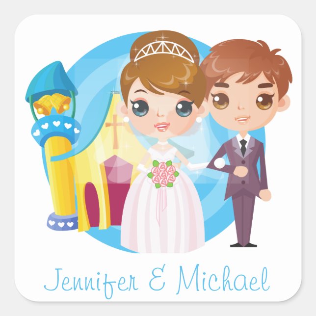 Personalised Cartoon Bride And Groom Love Wedding Square Sticker (Front)