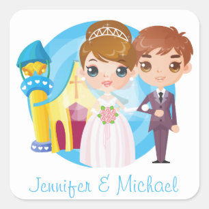 Personalised Cartoon Bride And Groom Love Wedding Square Sticker