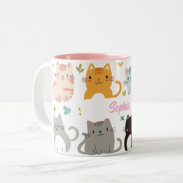 Personalised Cartoon Cat Mug - Custom Name Gift (Front Left)