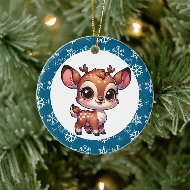 Personalised Cartoon Chibi Reindeer Christmas Ceramic Tree Decoration (Tree)