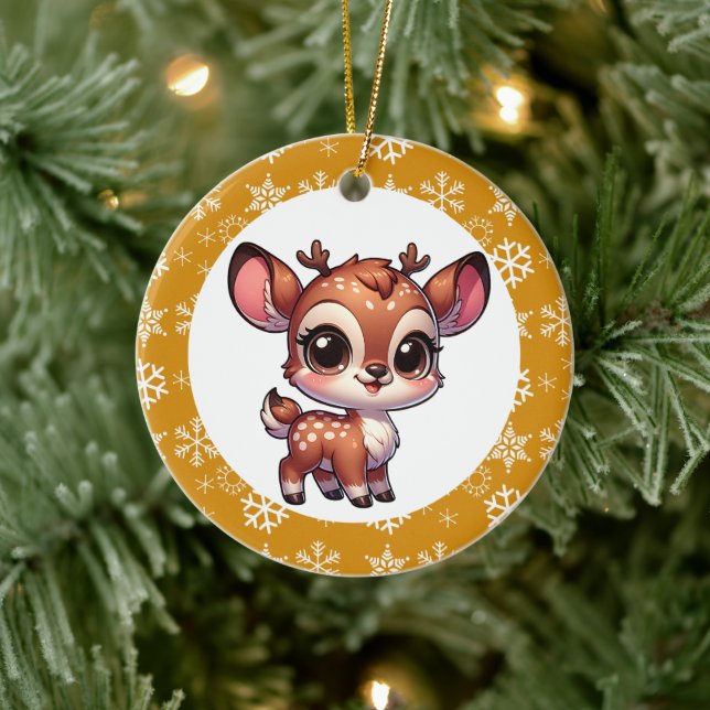 Personalised Cartoon Chibi Reindeer Christmas Ceramic Tree Decoration (Tree)
