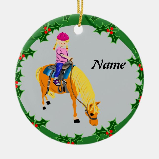 Personalised cartoon girl on pony horse ceramic tree decoration (Front)