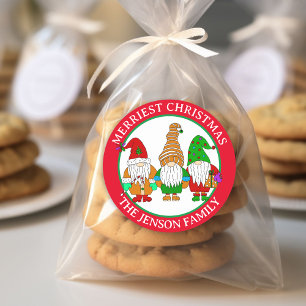 Personalised Cartoon Gnomes Merriest Christmas Classic Round Sticker