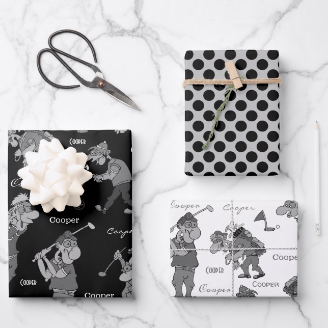 Personalised Cartoon Golfers Wrapping Paper Sheet (Front)