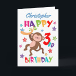 Personalised Cartoon Monkey 3rd Birthday Card<br><div class="desc">A special 3rd birthday card! This bright fun second birthday card features a cheeky cartoon monkey, some pretty stars and colourful text. A cute design for someone who will be three years old. Add the 3rd birthday child's name to the front of the card to customise it for the special...</div>