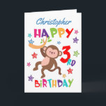 Personalised Cartoon Monkey 3rd Birthday Card<br><div class="desc">A special 3rd birthday card! This bright fun second birthday card features a cheeky cartoon monkey, some pretty stars and colourful text. A cute design for someone who will be three years old. Add the 3rd birthday child's name to the front of the card to customise it for the special...</div>