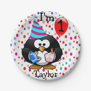 Personalised Cartoon Penguin 1st Birthday Party Paper Plate