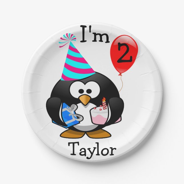 Personalised Cartoon Penguin 2nd Birthday Party Paper Plate (Front)