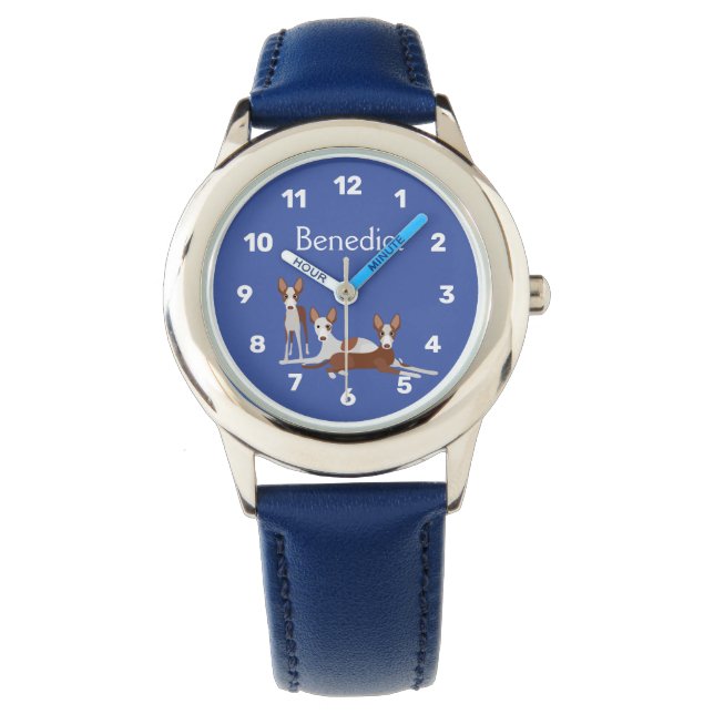Personalised Cartoon Podenco Dogs Blue Watch (Front)