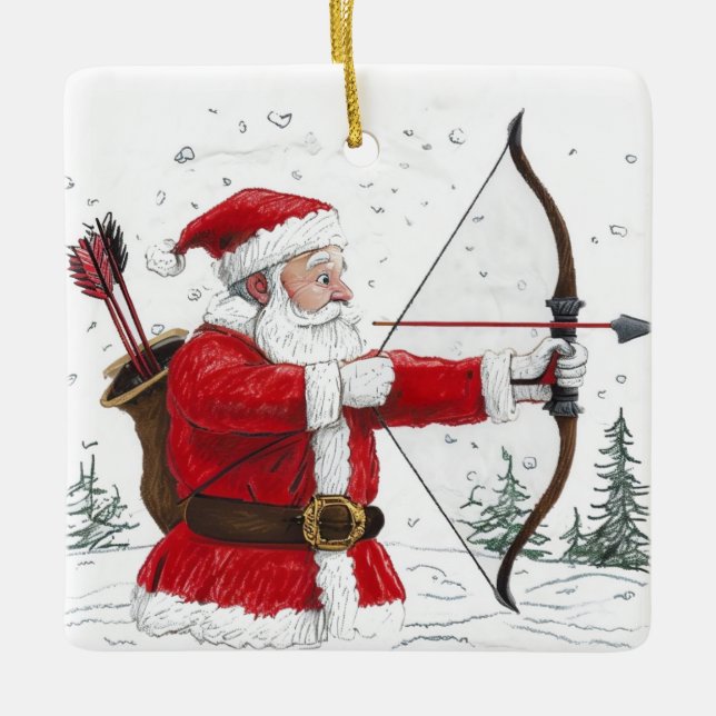 Personalised Cartoon Santa Doing Archery Ceramic Ornament (Front)