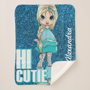 Personalised Cartoon style Girl with Glitter Sherpa Blanket