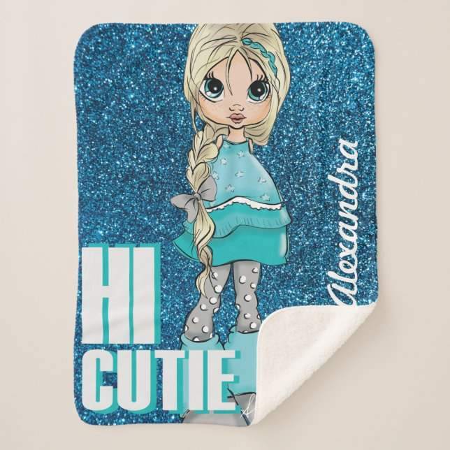 Personalised Cartoon style Girl with Glitter Sherpa Blanket (Front)