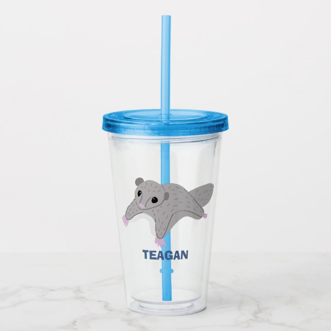 Personalised Cartoon Sugar Glider Grey and Blue Acrylic Tumbler (Front)