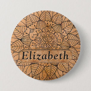 Personalised Carved Wood Floral Mandala 7.5 Cm Round Badge