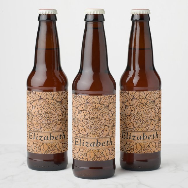 Personalised Carved Wood Floral Mandala Beer Bottle Label (Bottles)