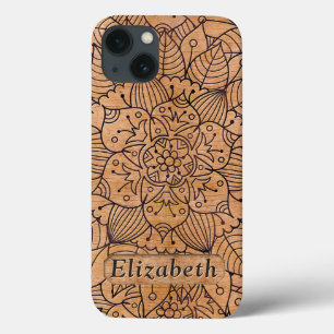 Personalised Carved Wood Floral Mandala iPhone 13 Case