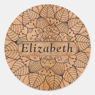 Personalised Carved Wood Floral Mandala Classic Round Sticker
