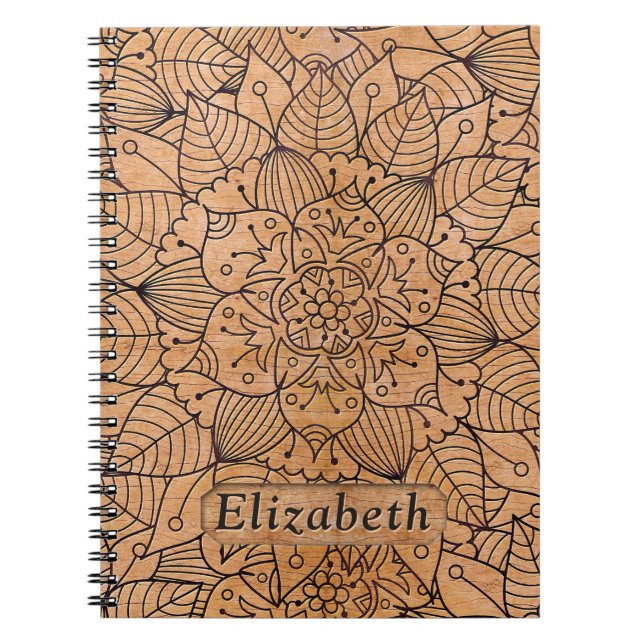 Personalised Carved Wood Floral Mandala Notebook (Front)