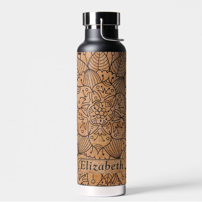 Personalised Carved Wood Floral Mandala Water Bottle (Left)