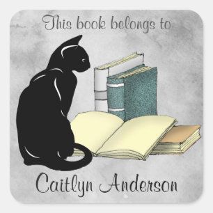 Personalised Cat and Books Bookplate Sticker
