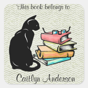Personalised Cat and Books  Bookplate Sticker