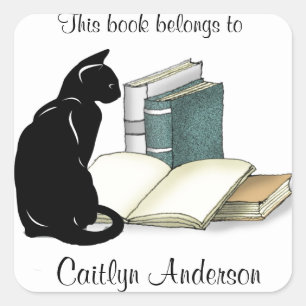 Personalised Cat and Books  Bookplate Sticker