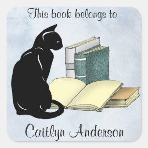 Personalised Cat and Books Bookplate Sticker