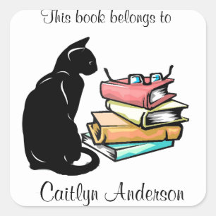 Personalised Cat and Books  Bookplate Sticker