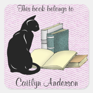 Personalised Cat and Books Bookplate Sticker