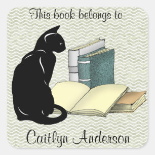 Personalised Cat and Books Bookplate Sticker