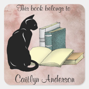 Personalised Cat and Books Bookplate Sticker