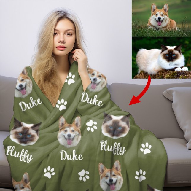 Personalised Cat and Dog Name and Photo,Pet Green Fleece Blanket (Creator Uploaded)