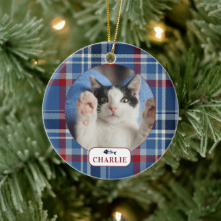 Personalised Cat Blue Plaid Pet Photo  Ceramic Tree Decoration