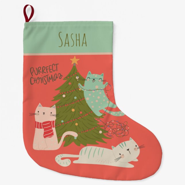 Personalised Cat Christmas  Large Christmas Stocking (Front)