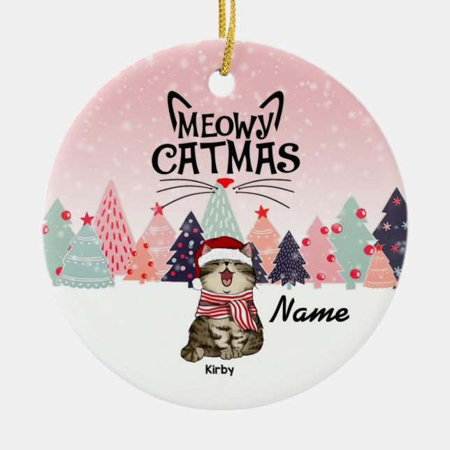 Personalised Cat Christmas Ornament, Meowy Xmas Ce Ceramic Tree Decoration (Front)